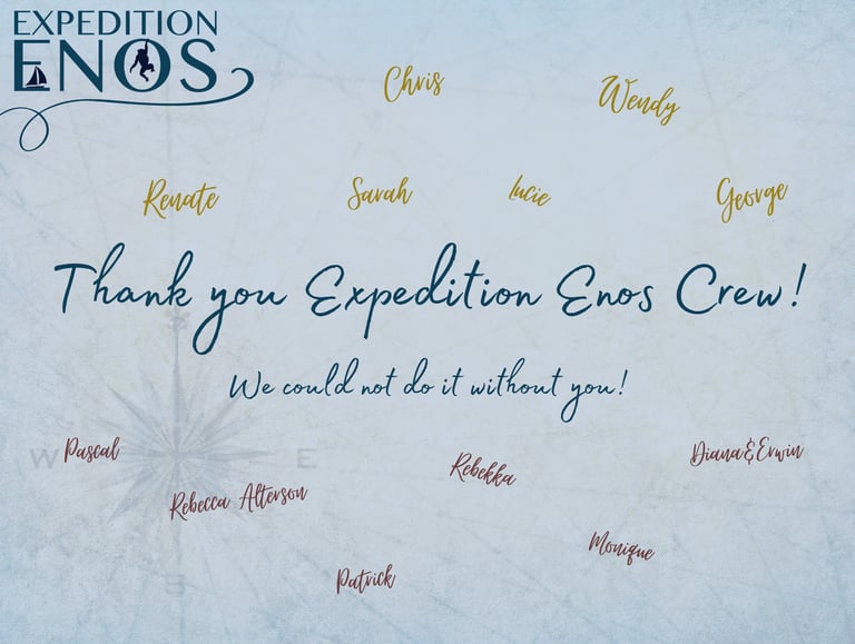 A light blue nautical background with a thank you message to the Expedition Enos Crew and team member names.