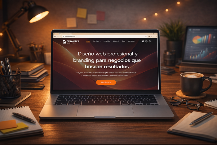 Diseño web profesional y sitio web de marca mostrado en la pantalla de una computadora portátil