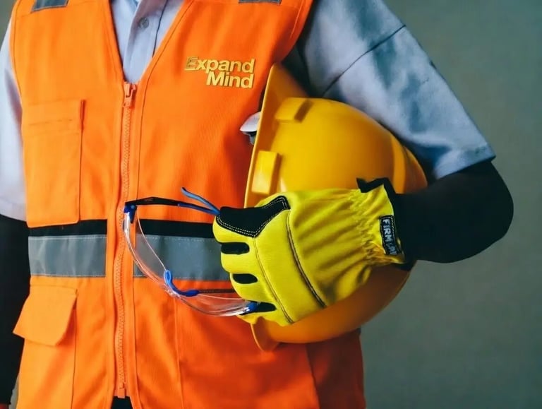 Um operário da construção civil vestindo um colete de segurança laranja, segurando capacete amarelo.