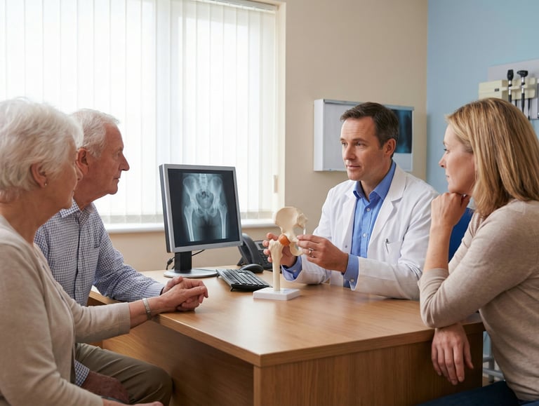 Doctor consulting with two elderly parents and their adult daughter about hip replacement surgery in a hospital clinic.