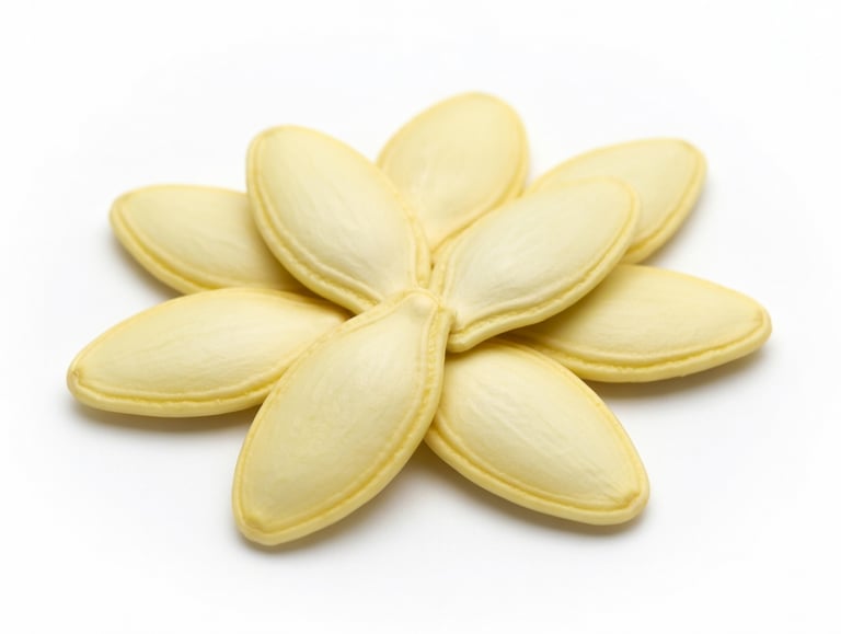 A circular arrangement of raw white pumpkin seeds with shells on a plain white background.