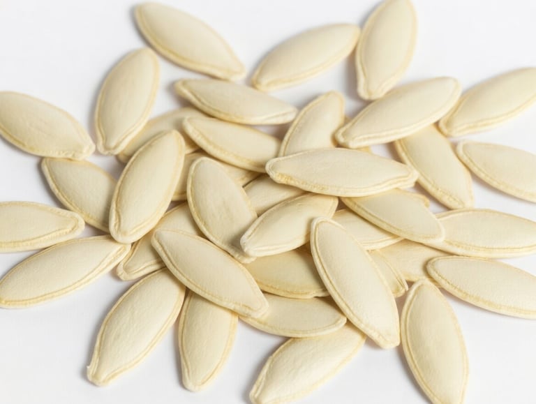 A pile of dried white pumpkin seeds on a white background, perfect for a healthy snack.