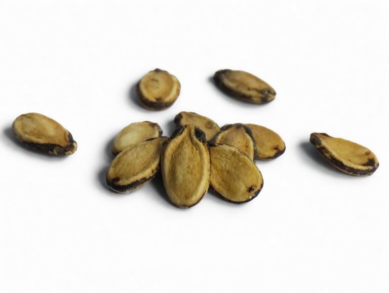 A small pile of dried watermelon seeds scattered on a white background.