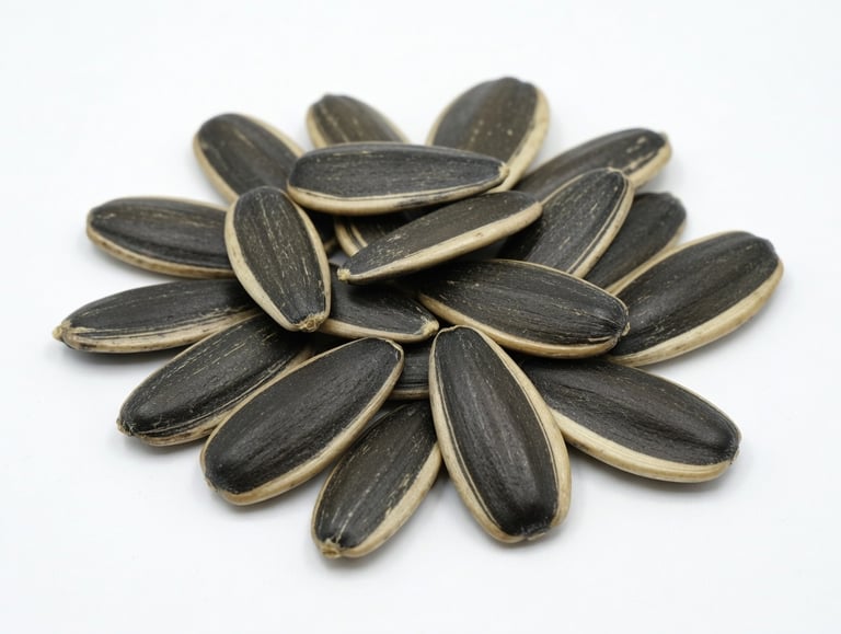A pile of striped black and white sunflower seeds isolated on a plain white background.