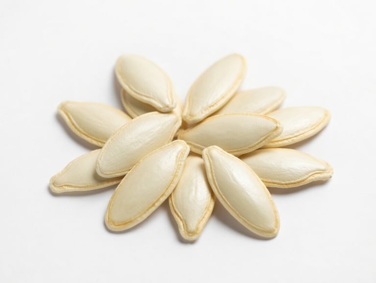 A cluster of dried white pumpkin seeds arranged in a circular pattern on a plain white background.