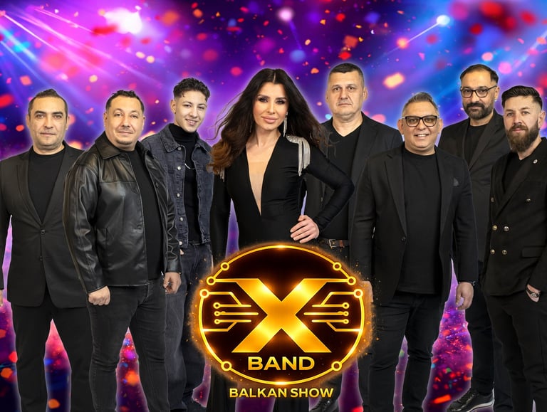 X Band Balkan Show live music group posing with a female vocalist against a vibrant stage backdrop.