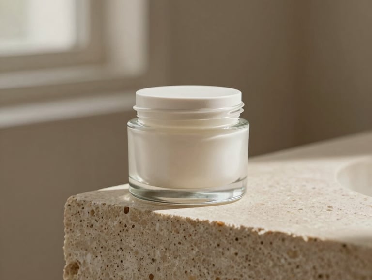 A minimalist glass jar of facial cream on a travertine stone block, soft directional light, neutral sand tones