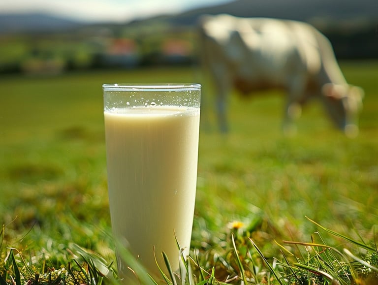 Glass of fresh organic Iranian milk on green grass with cow, natural dairy, best Persian dairy products