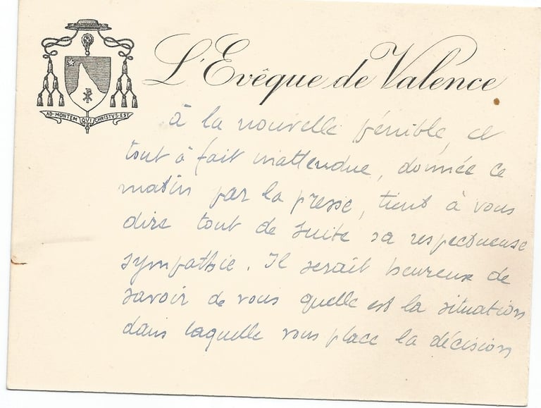 courrier de l'eveque de valence camille pic à marcel lanquetin prefet revoqué 18 sept 1940