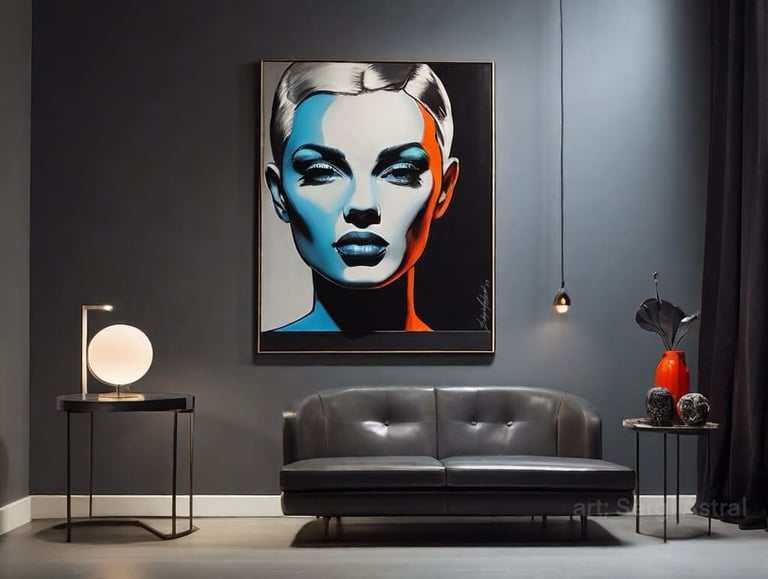 Ambiente sofisticado, tela com rosto da proprietária.