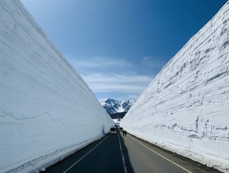 Towering snow walls of Tateyama Kurobe Alpine Route in spring.