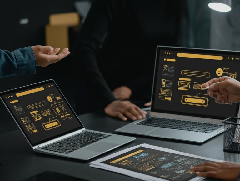 Verve Phoenix designers and developers working on custom website designs and prototypes in a gold and black workspace.
