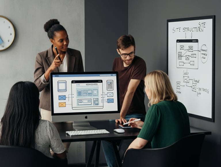 Verve Phoenix designers optimizing website UX/UI with user flow diagrams and wireframes in a gold and black workspace.