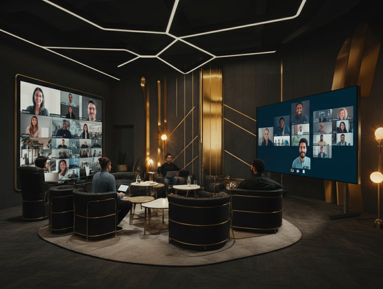 Verve Phoenix hybrid event featuring virtual participants on screens and an in-person audience in a gold and black-themed set