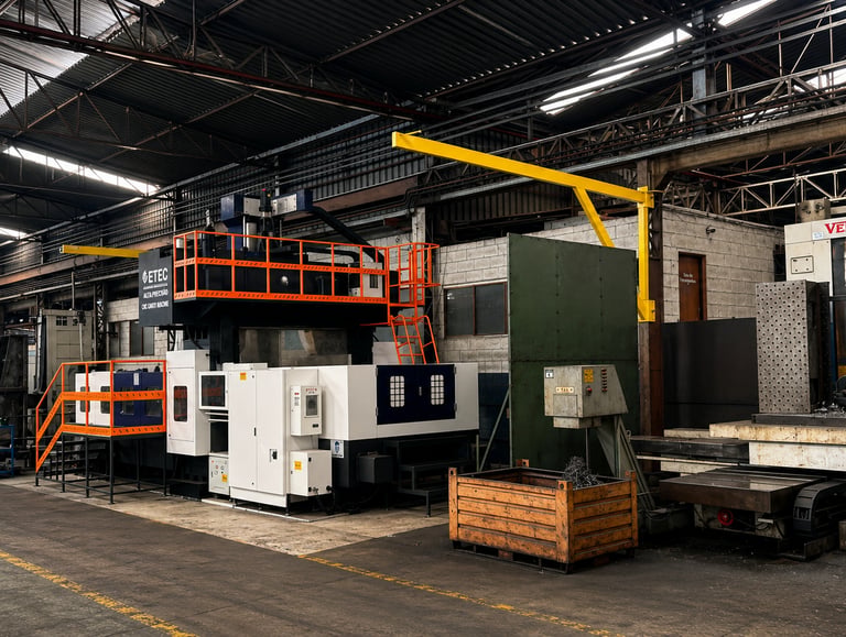 Large CNC milling machines and industrial equipment in a modern metal manufacturing factory.