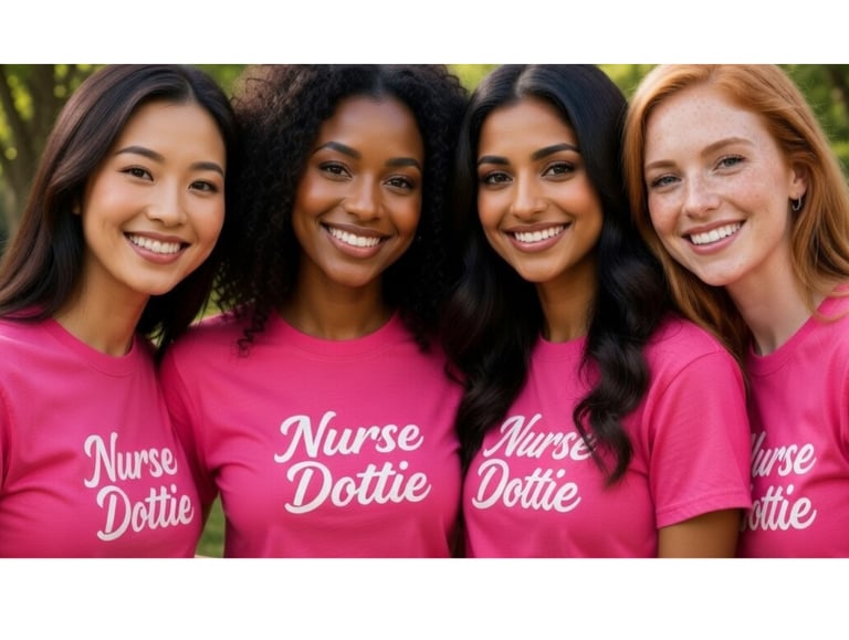A diverse group of four female nurses smiling and wearing matching pink Nurse Dottie t-shirts outdoors.
