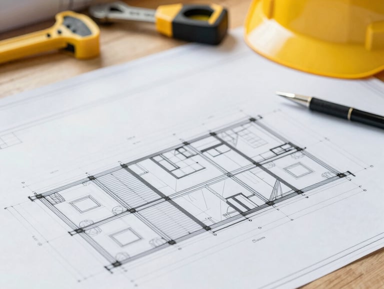A detailed close-up of a construction blueprint laying on a wooden table on a bright job site, with a yellow hard hat and professional tools nearby. The lighting is bright and clean, incorporating tones of #5D6D7E and #212A3E in the shadows and tools. Professional, modern architectural vibe.