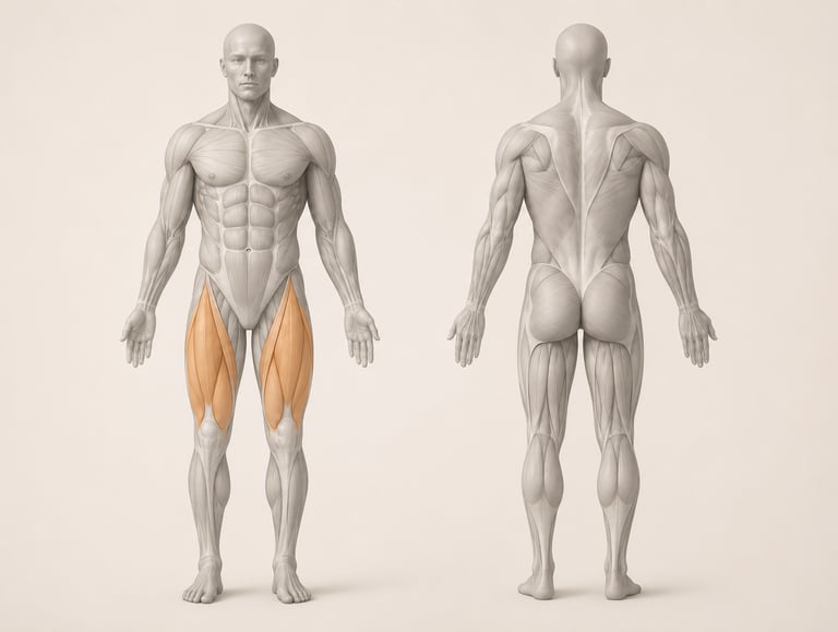 Diagramme anatomique du corps humain avec un focus sur les quadriceps