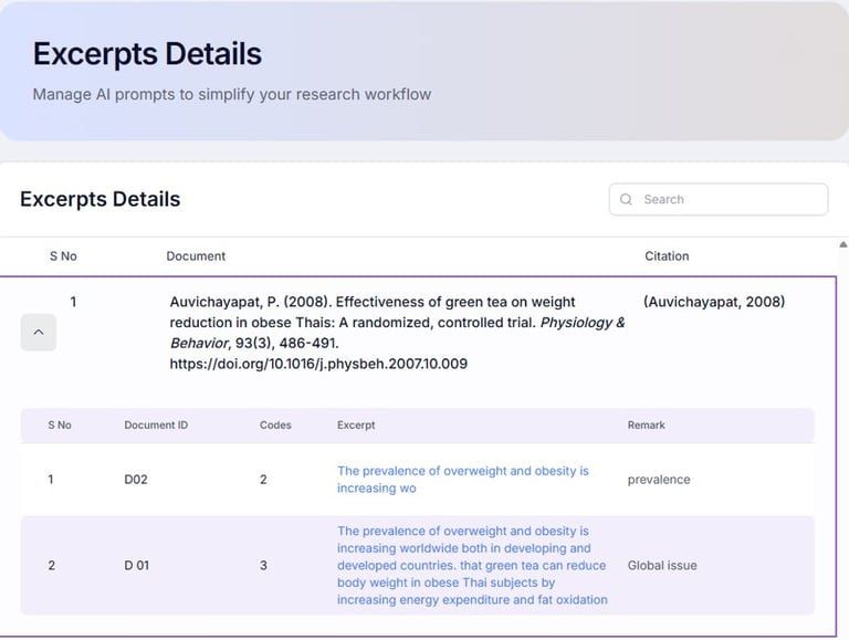 Screenshot of a research tool interface showing document excerpts and citations for a green tea study.