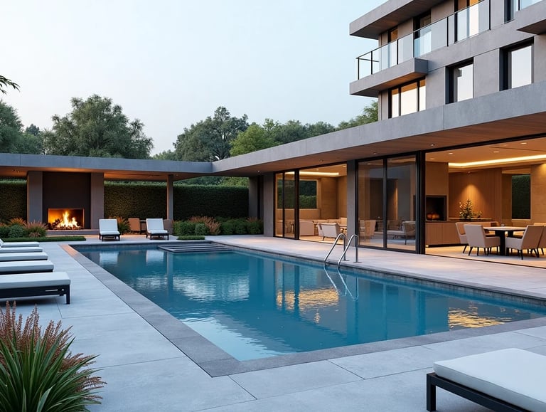 a pool with lounge chairs and a fire place
