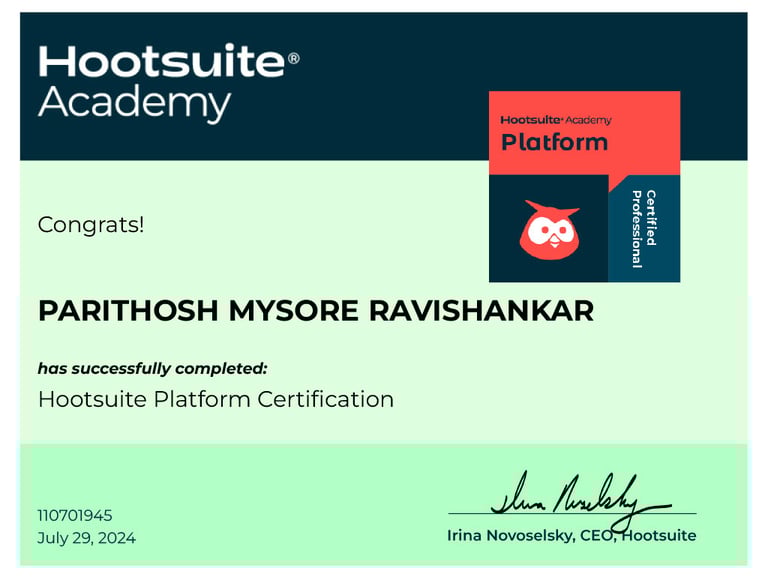 Parithosh Mysore Ravishankar's hootsuite platform certification
