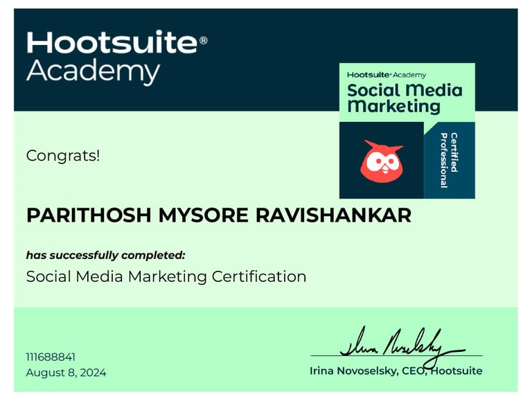 Parithosh Mysore Ravishankar's hootsuite social media marketing certificate