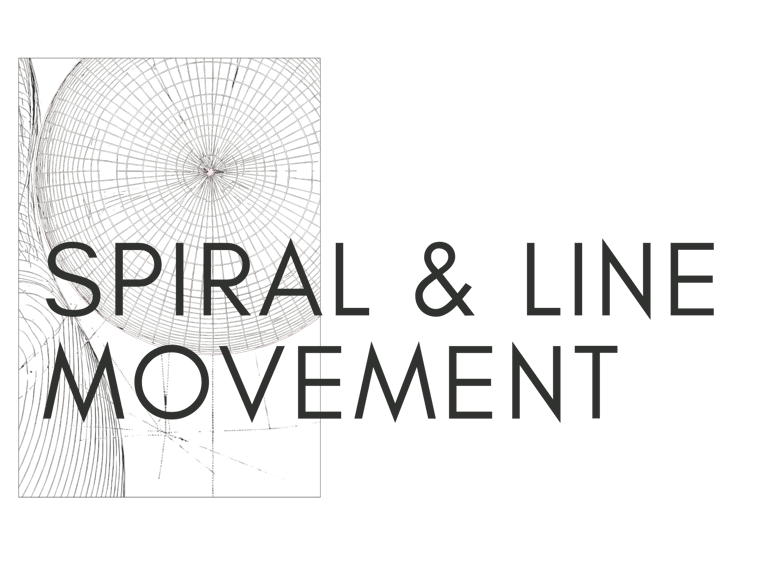 Minimalist graphic featuring a geometric white wireframe sphere and the text Spiral and Line Movement.
