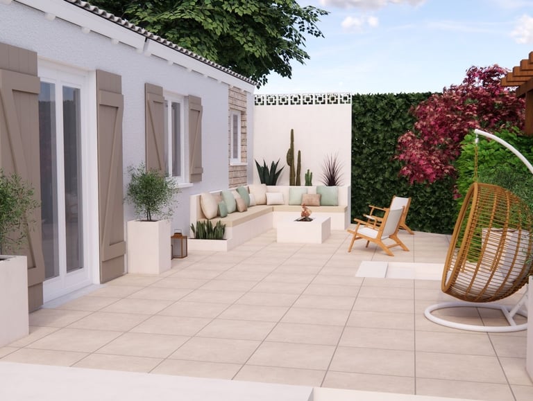 Aménagement et décoration d'une terrasse sur plot avec canapé d'angle jardinière en béton cellulaire