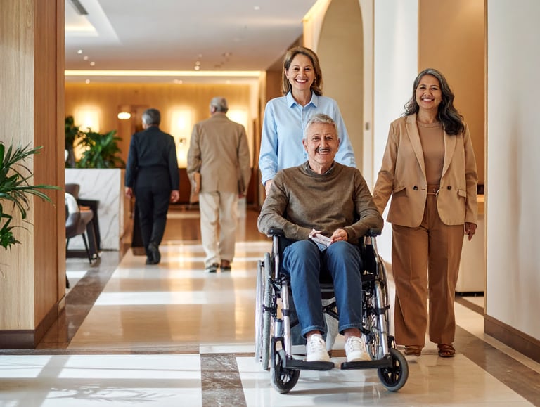 Rollstuhlfahrer mit zwei Begleitpersonen in Hotellobby, im Hintergrund älteres Paar
