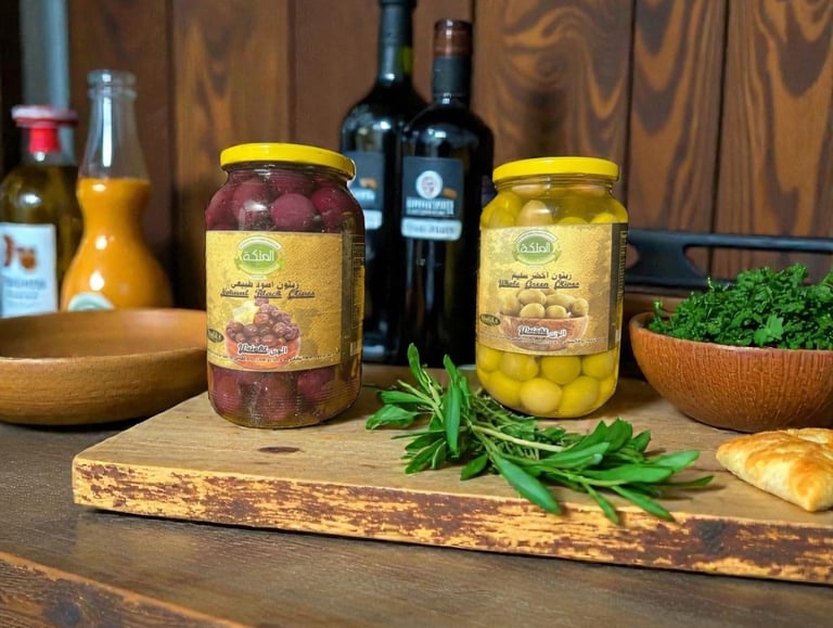 Glass jars of gourmet black and green olives on a rustic wooden cutting board with fresh herbs.