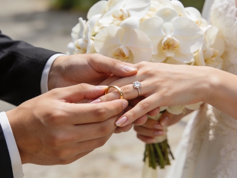 Wedding band placed beside a diamond engagement ring, symbolizing a lifelong commitment.