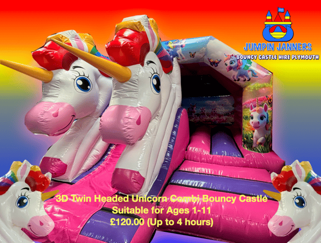 3D Twin Headed Unicorn Combi Bouncy Castle - Jumpin Janners - Bouncy Castle Hire Plymouth
