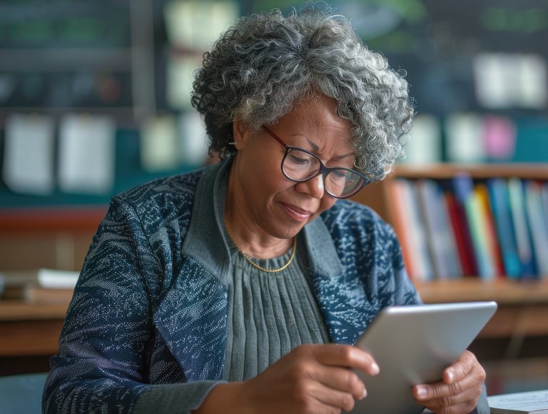a woman in glasses and a blue sweater is looking at a tablet computer