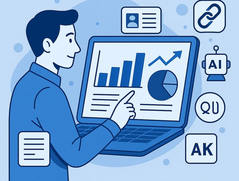 Ilustración de un profesional analizando gráficos en una laptop con iconos de SEO, inteligencia artificial y enlaces. Represe