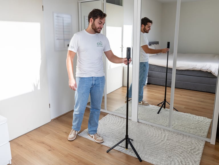 Medewerker van OG Vastgoed zet een 360°-camera klaar voor woningpresentatie