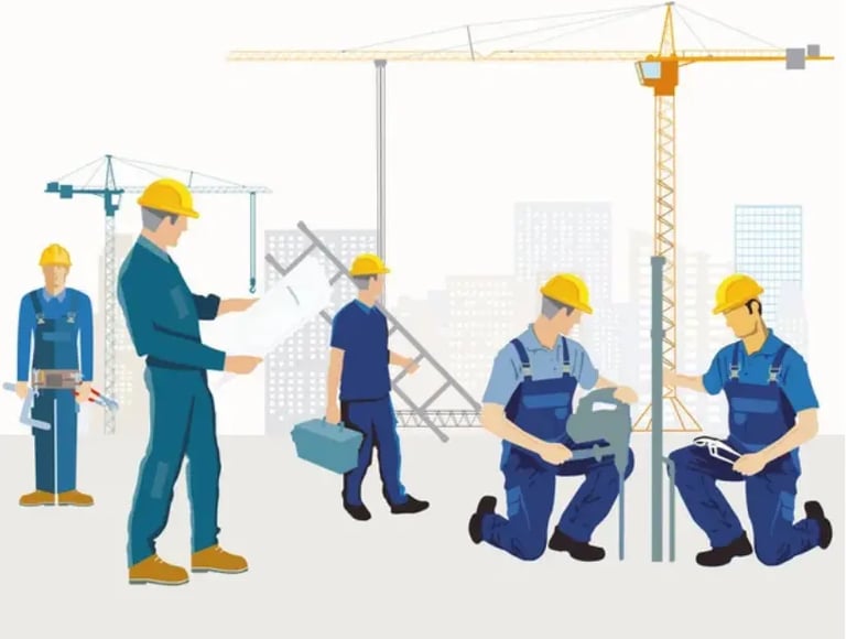 Illustration d’ouvriers du bâtiment travaillant sur un chantier avec grues et outils