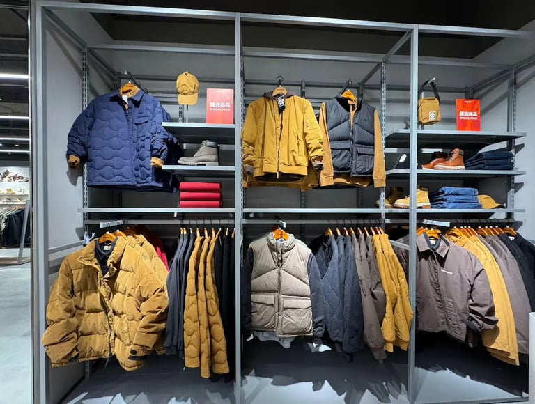 Modern retail display of Timberland winter apparel featuring puffer jackets, vests, and boots on industrial metal shelving.