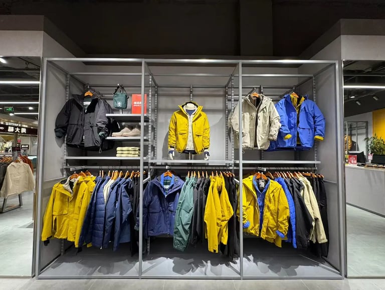 Winter jackets and outdoor coats displayed on metal racks in a modern retail clothing store.
