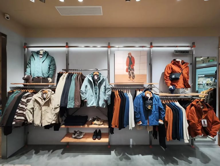 Display of outdoor outerwear jackets and hiking boots in a modern clothing retail store.