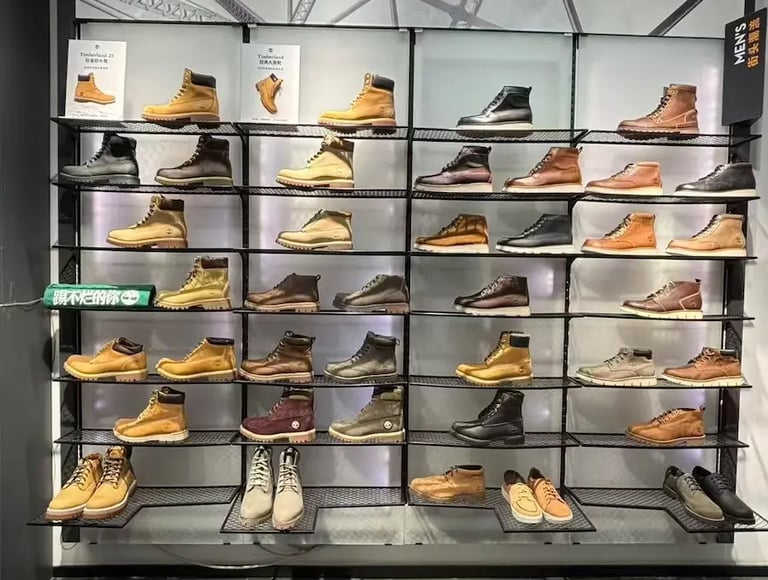 Display of Timberland men's leather boots and shoes on retail shelving in a store.