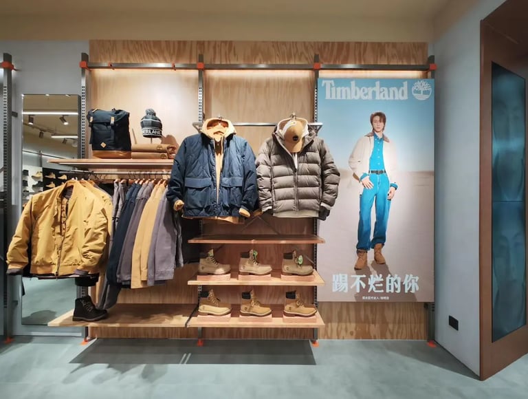 Timberland retail store display featuring winter jackets, beanies, and classic wheat work boots on shelves.