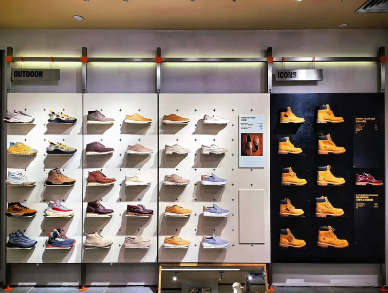 Display of Timberland outdoor boots and casual footwear on a modern retail store wall shelf.
