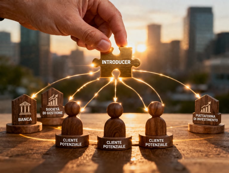 A hand places an 'Introducer' puzzle piece connecting financial entities and potential clients in a sunset cityscape.