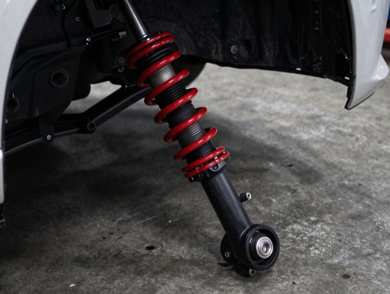 Close-up of a car's suspension system, including a shock absorber and control arm, on a concrete floor, dramatic low-key lighting, industrial automotive photography.
