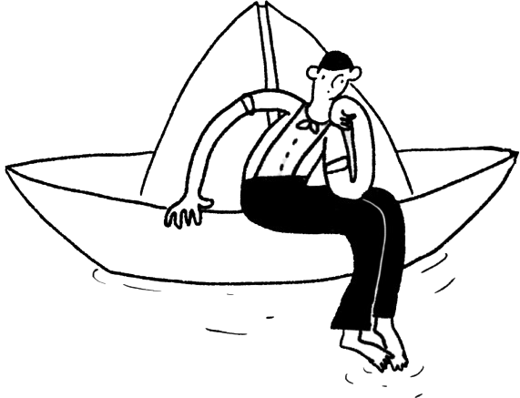 Disegno nero su bianco di pascal il clown seduto su una barchetta di carta