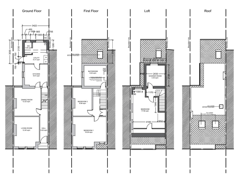 Detailed architectural floor plan showing ground floor, first floor, loft, and roof layout of a residential home.