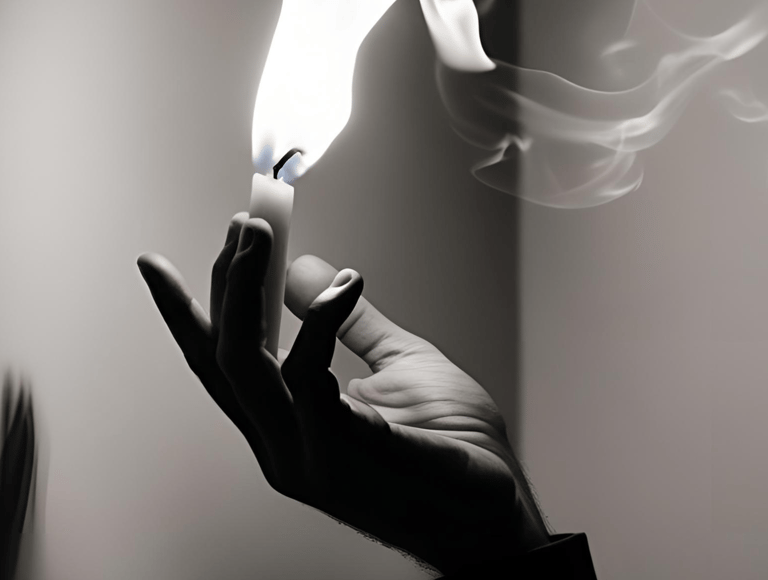 A sepia photograph of a hand holding a white lit candle with a large flame extending from the palm.