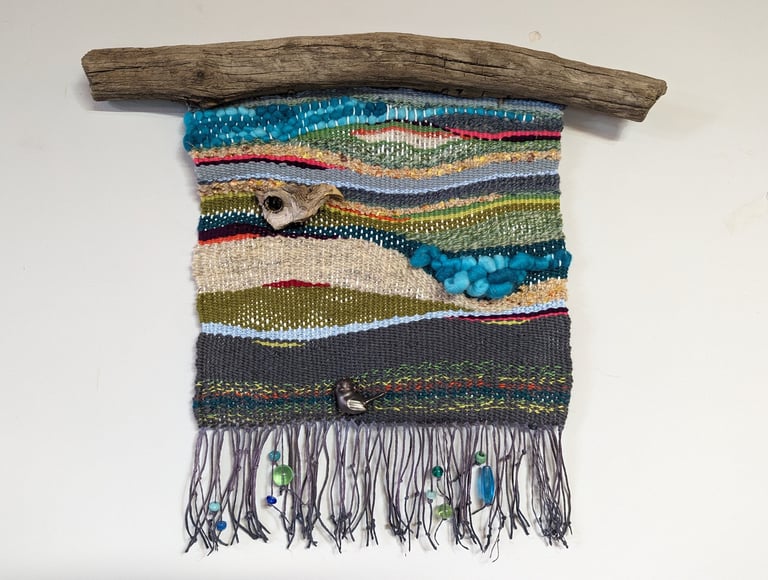 tapestry weaving, wall hangings, Mississippi drift wood, glass beads, birds