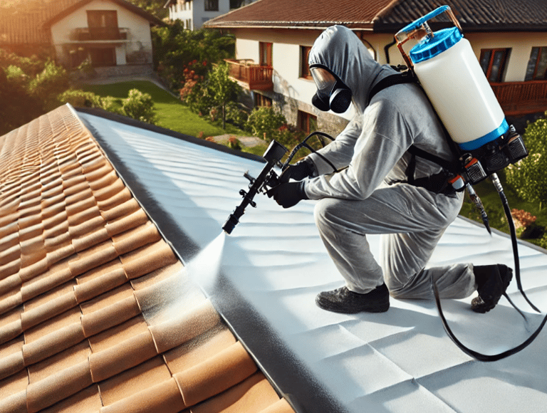 Professionnel appliquant un traitement hydrofuge sur une toiture et une façade pour protéger contre 