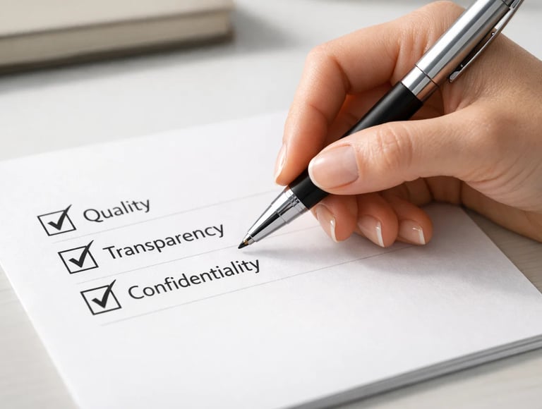 Hand marking checkboxes for quality, transparency, and confidentiality on a business document.